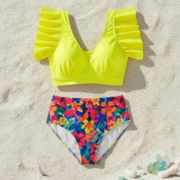 🆕 Vibrant Plus Size Boho Tankini Set 1XL Ruffle Sleeves Tropical Print Swimwear - Picture 3 of 15